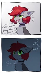 Size: 707x1200 | Tagged: safe, artist:swaybat, imported from derpibooru, oc, oc only, oc:swaybat, bat pony, pony, ..., :<, blushing, chest fluff, choker, comic, cute, dialogue, fangs, glowing, glowing eyes, instant loss 2koma, lidded eyes, nyctophobia, scared, smiling, smug, surprised, sweat