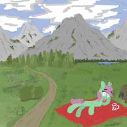 Size: 750x750 | Tagged: safe, artist:rfp, imported from derpibooru, oc, oc only, earth pony, lake, mountain, path, scenery, solo, water