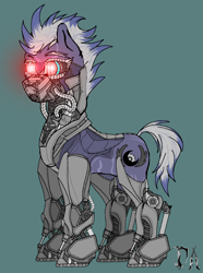 Size: 1890x2540 | Tagged: safe, artist:deadair, imported from derpibooru, oc, cyborg, pegasus, pony, commission, implants, pegasus oc, red eyes, solo, watermark, white hair, wingless