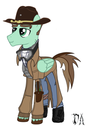 Size: 1750x2556 | Tagged: safe, artist:deadair, imported from derpibooru, oc, oc only, pegasus, pony, fallout equestria, boots, clothes, coat, commission, cowboy hat, denim, glasses, gun, handgun, hat, hooves, jeans, pants, pegasus oc, pistol, plasma gun, shoes, simple background, solo, vector, watermark, white background