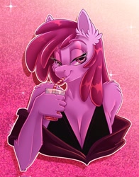 Size: 1605x2048 | Tagged: safe, artist:unfinishedheckery, imported from derpibooru, berry punch, berryshine, anthro, earth pony, bedroom eyes, breasts, busty berry punch, clothes, commission, digital art, dress, drinking, female, pose, simple background, solo, stupid sexy berry punch