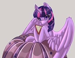 Size: 2048x1592 | Tagged: safe, artist:unfinishedheckery, imported from derpibooru, twilight sparkle, alicorn, pony, book, bookhorse, digital art, female, horn, jello, looking at you, mare, simple background, solo, spread wings, twilight sparkle (alicorn), wings