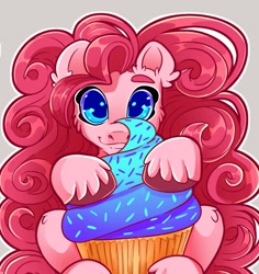 Size: 1604x1700 | Tagged: safe, artist:unfinishedheckery, imported from derpibooru, pinkie pie, earth pony, pony, cupcake, cute, diapinkes, digital art, female, food, hooves, looking at you, mare, simple background, solo, tail