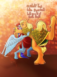 Size: 1536x2048 | Tagged: safe, artist:unfinishedheckery, imported from derpibooru, applejack, rainbow dash, anthro, earth pony, pegasus, unguligrade anthro, appledash, ass, blushing, butt, clothes, dialogue, digital art, dress, duo, duo female, female, lesbian, looking at each other, looking at someone, rainbow dash always dresses in style, schrödinger's pantsu, shipping, simple background, size difference, smoldash, spread wings, struggling, tail, talking, text, wings