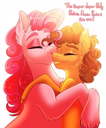 Size: 1707x2048 | Tagged: safe, artist:unfinishedheckery, imported from derpibooru, cheese sandwich, pinkie pie, earth pony, pony, cheek kiss, cheesepie, cuddling, dialogue, digital art, duo, eyes closed, female, kissing, male, mare, shipping, simple background, stallion, straight, talking, text