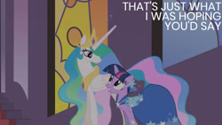 Size: 1280x720 | Tagged: safe, edit, edited screencap, editor:quoterific, imported from derpibooru, screencap, princess celestia, twilight sparkle, alicorn, pony, unicorn, season 1, the best night ever, clothes, dress, duo, female, gala dress, grin, mare, smiling, text, unicorn twilight