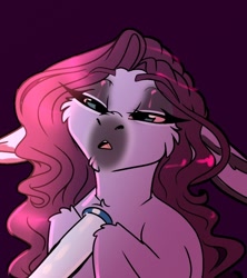 Size: 678x764 | Tagged: safe, artist:unfinishedheckery, imported from derpibooru, oc, oc only, oc:belladonna, donkey, hybrid, pegasus, pony, bedroom eyes, bong, bust, digital art, female, high, hooves, mare, open mouth, pegasus oc, portrait, simple background, solo, stoned