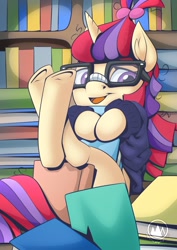 Size: 955x1351 | Tagged: safe, artist:mysticalpha, imported from derpibooru, moondancer, pony, unicorn, book, bookshelf, explicit source, solo, strategically covered