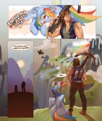 Size: 1080x1277 | Tagged: safe, artist:goathics_chaotic, imported from derpibooru, rainbow dash, human, pegasus, cigarette, clothes, comic, crossover, daryl dixon, detailed background, duo, open mouth, scenery, the walking dead, unamused, weapon