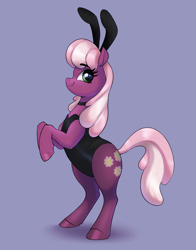 Size: 2467x3140 | Tagged: safe, artist:aquaticvibes, imported from derpibooru, cheerilee, earth pony, pony, bipedal, bunny suit, cheeribetes, clothes, cute, fake ears, female, leotard, mare, rearing, simple background, smiling, solo, standing on two hooves