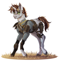 Size: 1280x1311 | Tagged: safe, artist:notsosmartsmarty, imported from derpibooru, oc, oc only, oc:littlepip, pony, unicorn, fallout equestria, alternate design, alternate hairstyle, armor, bag, freckles, grass, looking up, multicolored hair, pipbuck, saddle bag, shading, simple background, solo, transparent background