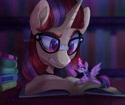 Size: 2679x2256 | Tagged: safe, artist:nveon, imported from derpibooru, moondancer, twilight sparkle, alicorn, pony, unicorn, amending fences, book, g4, glasses, gritted teeth, high res, magic, micro, scene interpretation, size difference, teeth, twilight sparkle (alicorn), unamused