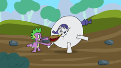 Size: 1920x1080 | Tagged: safe, artist:platinumdrop, imported from derpibooru, rarity, spike, dragon, pony, unicorn, spike at your service, air inflation, bellows, blimp, female, inflation, male, mare, rariblimp, request, scene interpretation, spherical inflation