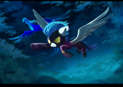 Size: 1350x954 | Tagged: safe, artist:skyeypony, imported from derpibooru, nightshade, pegasus, phoenix, pony, blue phoenix, female, mare, night, shadowbolts, sky, solo, stars, wings