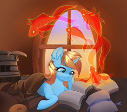 Size: 2902x2571 | Tagged: safe, artist:ijustmari, imported from derpibooru, oc, oc:skydreams, fish, koi, pony, unicorn, blanket, book, female, mare, reading, sky, solo, window