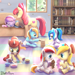 Size: 1280x1280 | Tagged: safe, artist:binkyroom, imported from derpibooru, apple bloom, oc, oc:deliambre, earth pony, pegasus, pony, unicorn, book, bookshelf, colored, colt, commission, cute, diaper, female, filly, foal, horn, jenga, male, older, older apple bloom, pacifier, playing, plushie, ponified, teddy bear, window, wings, ych result