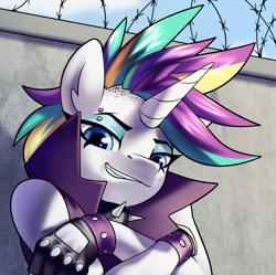 Size: 1148x1144 | Tagged: safe, artist:jedayskayvoker, imported from derpibooru, rarity, anthro, pony, advertisement, alternate hairstyle, barbed wire, clothes, dyed mane, elusive, eyebrow piercing, gloves, horn, jacket, leather, leather gloves, leather jacket, looking at you, makeup, patreon, patreon preview, piercing, punk, raripunk, rule 63, smiling, smirk, solo, spikes, teaser, tomboy