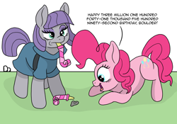 Size: 3260x2280 | Tagged: safe, artist:doodledonutart, imported from derpibooru, maud pie, pinkie pie, earth pony, pony, atg 2022, boulder (g4), clothes, comic, cute, dialogue, dress, excited, female, happy, mare, newbie artist training grounds, noisemaker, party horn, pie sisters, rock, siblings, simple background, sisters, trio, white background