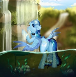 Size: 3538x3560 | Tagged: safe, artist:ijustmari, imported from derpibooru, oc, oc only, alicorn, pony, alicorn oc, horn, lilypad, solo, water, waterfall, waterfall shower, wings