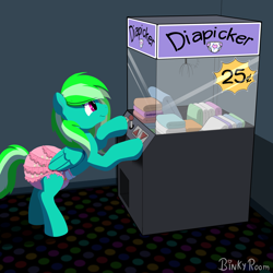 Size: 1500x1500 | Tagged: safe, artist:binkyroom, imported from derpibooru, oc, pegasus, claw machine, commission, cute, diaper, diaper fetish, fetish, happy, non-baby in diaper, solo, ych result