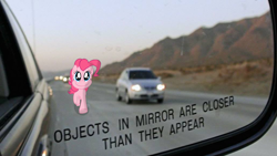 Size: 1029x579 | Tagged: safe, edit, imported from derpibooru, pinkie pie, earth pony, pony, smile hd, female, highway, irl, it's coming right at us, mare, meme, mirror, objects in mirror are closer than they appear, photo, ponies in real life, solo, this is gonna suck