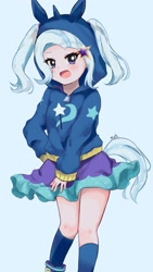 Size: 1801x3201 | Tagged: safe, artist:moh_mlp2, imported from derpibooru, trixie, human, anime style, blue background, clothes, cutie mark on clothes, female, humanized, looking at you, open mouth, simple background, skirt, solo