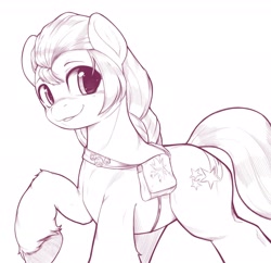 Size: 2048x1986 | Tagged: safe, artist:kurogewapony, imported from derpibooru, sunny starscout, earth pony, pony, bag, female, fluttershy's cutie mark, g5, looking at you, looking back, mare, monochrome, rainbow dash's cutie mark, raised hoof, saddle bag, simple background, smiling, solo, twilight sparkle's cutie mark, unshorn fetlocks, white background