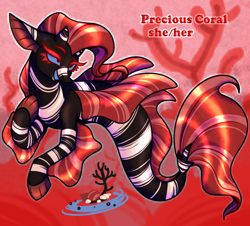 Size: 1500x1356 | Tagged: safe, artist:killjpeg, imported from derpibooru, oc, oc only, oc:precious coral, hybrid, merpony, seapony (g4), blue eyes, coral, digital art, dorsal fin, eyelashes, female, fins, fish tail, flowing mane, flowing tail, frills, horns, mare, ocean, open mouth, red mane, smiling, solo, tail, underwater, water