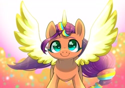 Size: 2507x1763 | Tagged: safe, artist:yukkuri_yu_yu, imported from derpibooru, sunny starscout, alicorn, earth pony, pony, alicornified, artificial horn, artificial wings, augmented, cute, female, g5, horn, looking at you, magic, magic horn, magic wings, mare, race swap, solo, spread wings, sunny stawwwscout, sunnybetes, wings