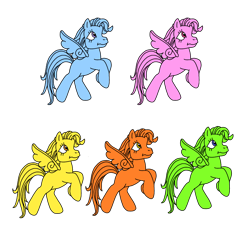 Size: 948x950 | Tagged: safe, artist:rainysweet, imported from derpibooru, oc, oc:alison, oc:annie, oc:brittany, oc:evelyn, oc:noelle, pegasus, pony, blue, colored, female, g3, green, group, mare, orange (color), pegasus oc, pink, quintet, simple background, smiling, transparent background, yellow