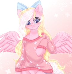 Size: 1900x1966 | Tagged: safe, artist:kawipie, imported from derpibooru, oc, oc only, oc:bay breeze, pegasus, pony, semi-anthro, :3, blushing, bow, clothes, cute, female, hair bow, mare, pegasus oc, spread wings, sweater, wings