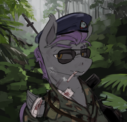 Size: 4573x4400 | Tagged: safe, artist:kelkessel, imported from derpibooru, oc, oc:argentus, bat pony, pony, equestria at war mod, aviator sunglasses, bandage, beret, camouflage, cigarette, clothes, gun, hat, injured, jungle, looking at you, mercenary, military uniform, smoking, solo, sunglasses, uniform, weapon