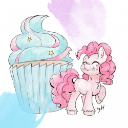 Size: 3588x3588 | Tagged: safe, artist:lightisanasshole, imported from derpibooru, pinkie pie, earth pony, pony, :t, crumbs, cupcake, female, food, simple background, small pony, smiling, solo, tiny, tiny ponies, traditional art, watercolor painting, white background