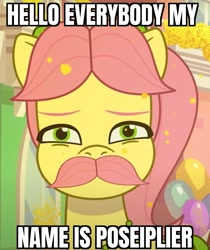 Size: 693x824 | Tagged: safe, edit, edited edit, edited screencap, editor:drnachtschatten, imported from derpibooru, screencap, earth pony, pony, spoiler:g5, spoiler:my little pony: tell your tale, spoiler:tyts01e16, caption, facial hair, g5, image macro, markiplier, moustache, my little pony: tell your tale, neighfever, poseiplier, posey bloom, speech bubble, text, text edit, warfstache