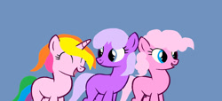 Size: 1280x584 | Tagged: safe, artist:disneyponyfan, imported from derpibooru, pinkie pie (g3), rarity (g3), wysteria, earth pony, pony, unicorn, base used, best friends, blank flank, blue background, blue eyes, cute, eyes closed, female, g3, g3 diapinkes, g3 raribetes, g3 to g4, g4, generation leap, mare, ms paint, multicolored hair, multicolored mane, multicolored tail, open mouth, open smile, pink hair, pink mane, pink tail, purple hair, purple mane, purple tail, simple background, smiling, tail, talking, trio, wysteriadorable