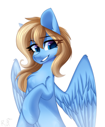 Size: 1500x1800 | Tagged: safe, artist:rinteen, imported from derpibooru, oc, oc:lusty symphony, pegasus, pony, chest fluff, eye clipping through hair, eyebrows, eyebrows visible through hair, looking at you, smiling, spread wings, wings