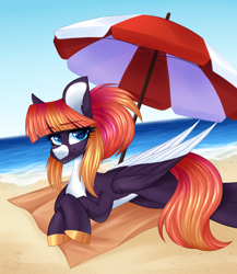 Size: 2000x2300 | Tagged: safe, artist:rinteen, imported from derpibooru, oc, oc only, pegasus, pony, beach, eyebrows, eyebrows visible through hair, looking at you, ocean, sand, smiling, solo, umbrella, water