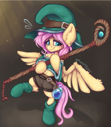 Size: 1764x2001 | Tagged: safe, artist:mochalula, imported from derpibooru, fluttershy, pegasus, pony, clothes, cute, fantasy class, female, hat, mage, mare, potion, shyabetes, simple background, socks, solo, spread wings, staff, wings, wizard hat