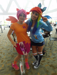 Size: 2121x2828 | Tagged: safe, artist:brinycosplay, artist:cosplayhazard, imported from derpibooru, rainbow dash, scootaloo, human, bronycon, bronycon 2016, clothes, converse, cosplay, costume, high res, irl, irl human, multicolored hair, photo, rainbow hair, shoes, sneakers