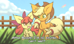 Size: 3500x2100 | Tagged: safe, artist:ssb5, artist:supasurida, imported from derpibooru, apple bloom, applejack, earth pony, pony, bench, big ears, duo, duo female, female, fence, filly, fluffy, foal, grass, grass field, happy, impossibly large ears, mare, siblings, sisters, text
