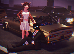 Size: 2600x1900 | Tagged: safe, artist:axus2030, imported from derpibooru, oc, oc only, oc:akiko, oc:anon, anthro, demon, human, succubus, 3d, angry, blender, boots, car, city, clothes, cute, duo, elegant, elf ears, female, glasses, horns, jacket, looking at you, male, nissan, nissan skyline, pat, platform boots, raised leg, road, shoes, sitting, skirt, smiling, smirk, standing, street, suit, tanktop, toyota