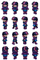 Size: 128x192 | Tagged: safe, artist:personigo, imported from derpibooru, twilight sparkle, human, clothes, humanized, pixel art, rpg maker, simple background, skirt, solo, sprite, sprite sheet, transparent background