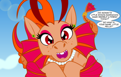 Size: 3356x2135 | Tagged: safe, artist:badumsquish, derpibooru exclusive, imported from derpibooru, oc, oc only, oc:adagio dazzle's mother, siren, bangle, bracelet, crossed hooves, cute, dialogue, ear piercing, earring, eyeshadow, female, freckles, friendly, grin, high res, jewelry, lens flare, looking at you, low angle, makeup, mother, necklace, nickname, offscreen character, open mouth, pearl necklace, piercing, pov, show accurate, siren oc, sky, smiling, solo, tail, tail wrap, talking to viewer