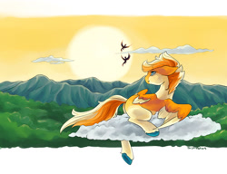 Size: 1280x984 | Tagged: safe, artist:paisleyperson, imported from derpibooru, oc, oc:papaya spritz, pegasus, pony, cloud, female, mare, mountain, mountain range, solo, sun, sunset