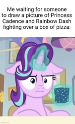 Size: 500x827 | Tagged: safe, edit, edited screencap, editor:professorventurer, imported from derpibooru, screencap, starlight glimmer, marks for effort, :i, chocolate, drink, empathy cocoa, floppy ears, food, hot chocolate, i mean i see, implied princess cadance, implied rainbow dash, solo, starlight's office, that pony sure does love pizza, waiting