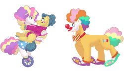 Size: 1280x732 | Tagged: safe, artist:itstechtock, imported from derpibooru, big top, trapeze star, earth pony, pony, bowtie, circus peanut, clown, clown makeup, clown nose, red nose, simple background, transparent background, unicycle