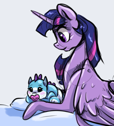 Size: 781x862 | Tagged: safe, artist:smirk, imported from derpibooru, twilight sparkle, oc, unnamed oc, alicorn, dragon, pony, baby, baby dragon, colored sketch, dragon oc, duo, non-pony oc, pacifier, pillow, sketch, twilight sparkle (alicorn)