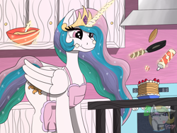 Size: 1600x1200 | Tagged: safe, artist:gray star, imported from derpibooru, princess celestia, alicorn, pony, apron, clothes, cute, cutelestia, ethereal mane, ethereal tail, female, food, herbivore, hoof shoes, kitchen, levitation, magic, mare, naked apron, pancakes, plate, smiling, strawberry, table, tail, telekinesis, whipped cream