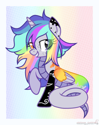 Size: 1710x2166 | Tagged: safe, artist:idkhesoff, imported from derpibooru, oc, oc only, oc:pastel chole, alicorn, lamia, original species, pony, snake, snake pony, alicorn oc, commission, female, freckles, grin, heterochromia, horn, lamiafied, mare, markings, multicolored hair, rainbow background, rainbow hair, raised hoof, smiling, solo, species swap, tattoo, wings, ych result