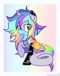 Size: 1710x2166 | Tagged: safe, alternate version, artist:idkhesoff, imported from derpibooru, oc, oc only, oc:pastel chole, alicorn, lamia, original species, pony, snake, snake pony, alicorn oc, bandana, commission, female, freckles, grin, heterochromia, horn, lamiafied, mare, markings, multicolored hair, rainbow background, rainbow hair, raised hoof, smiling, solo, species swap, tattoo, wings, ych result